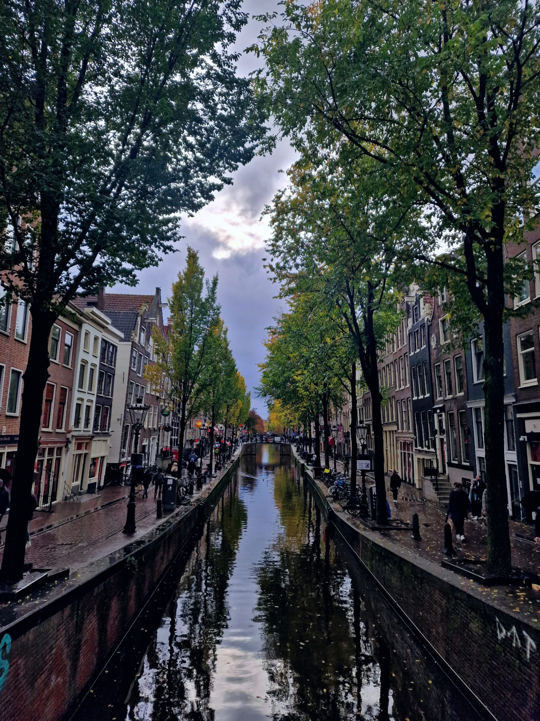 A narrow canal in autumn, the still water mirroring the trees and tall houses that line both banks